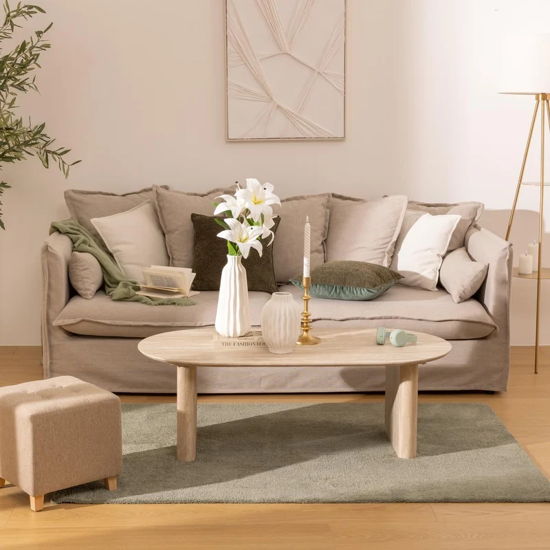 Atmosphera - Table Basse Ovale Anaya Effet Travertin - Beige - 120 x 60 x 40 cm - pour Salon, Séjour Contemporain