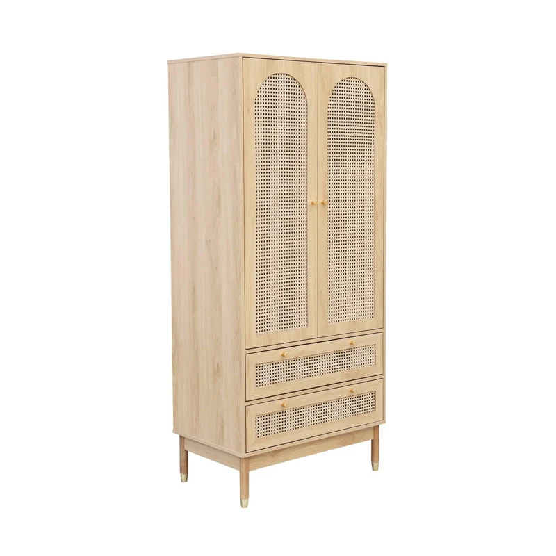 sweeek - Dressing penderie Judith 2 Portes 2 tiroirs cannage. poignées et Pieds Finition dorée. 80 x 50 x 180 cm
