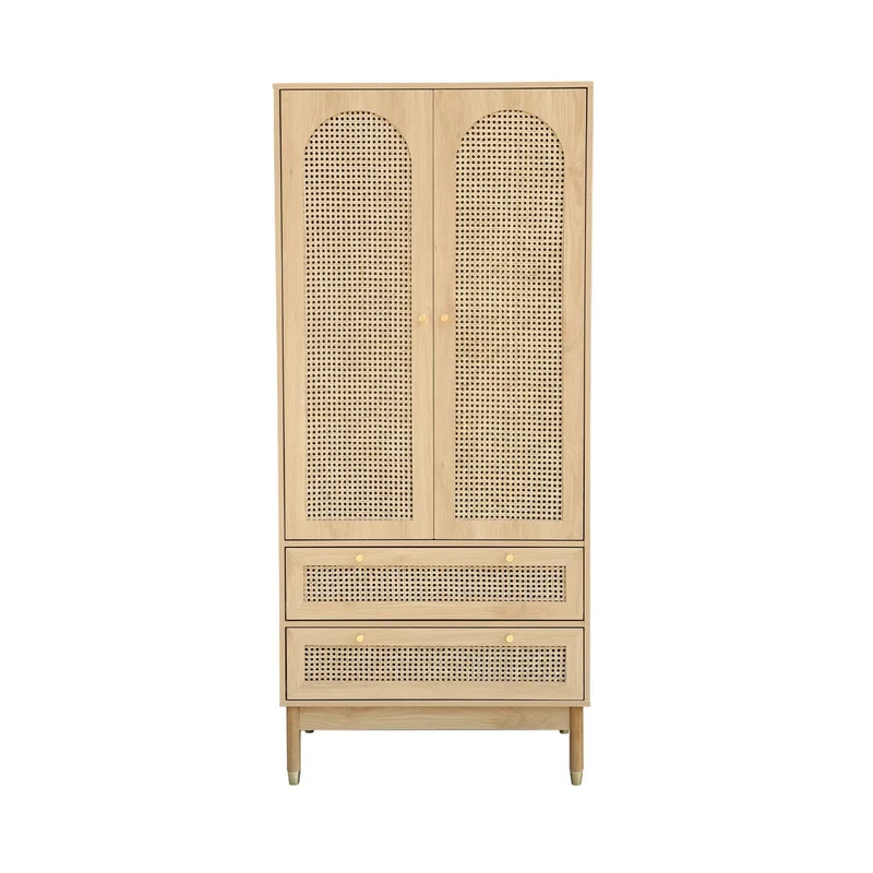 sweeek - Dressing penderie Judith 2 Portes 2 tiroirs cannage. poignées et Pieds Finition dorée. 80 x 50 x 180 cm