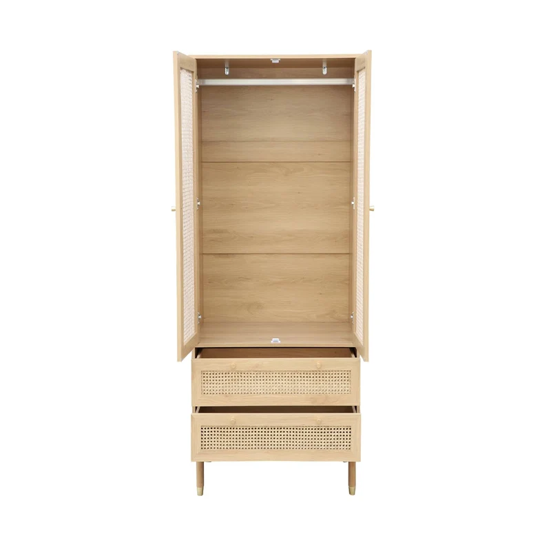 sweeek - Dressing penderie Judith 2 Portes 2 tiroirs cannage. poignées et Pieds Finition dorée. 80 x 50 x 180 cm
