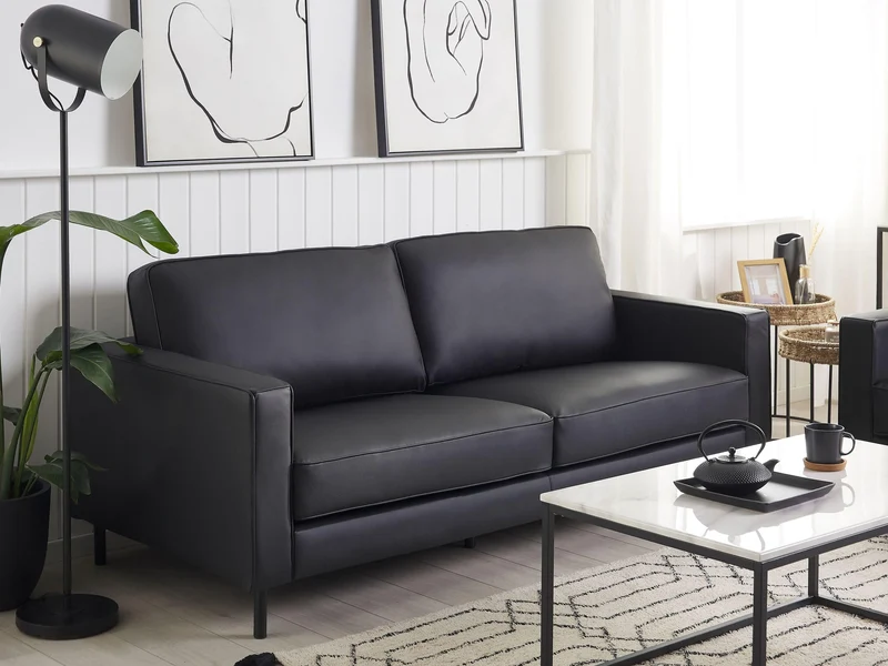 Canapé Fixe 3 Places en Cuir Fendu Noir Confort Optimal pour Salon au Design Moderne Beliani