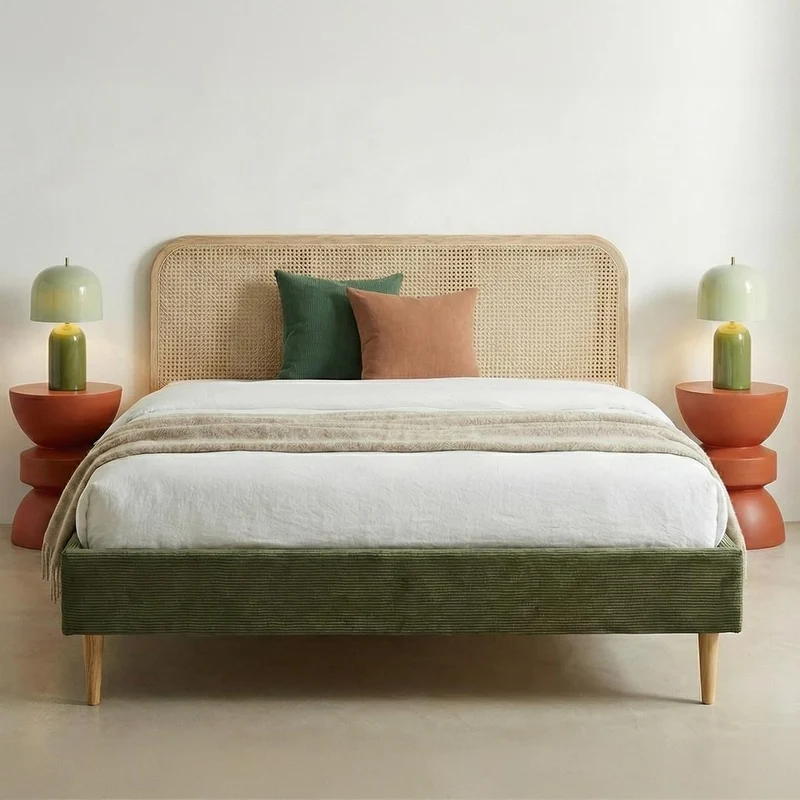 HOMIFAB Lit Adulte 140x190 cm en Velours côtelé Vert Kaki avec tête de lit en cannage - Dalia