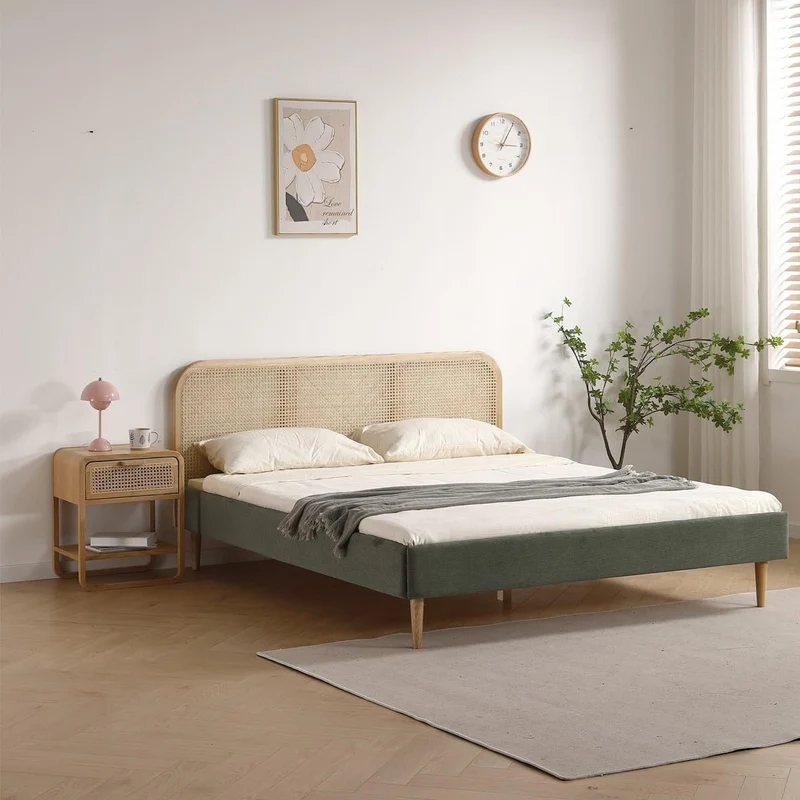 HOMIFAB Lit Adulte 140x190 cm en Velours côtelé Vert Kaki avec tête de lit en cannage - Dalia
