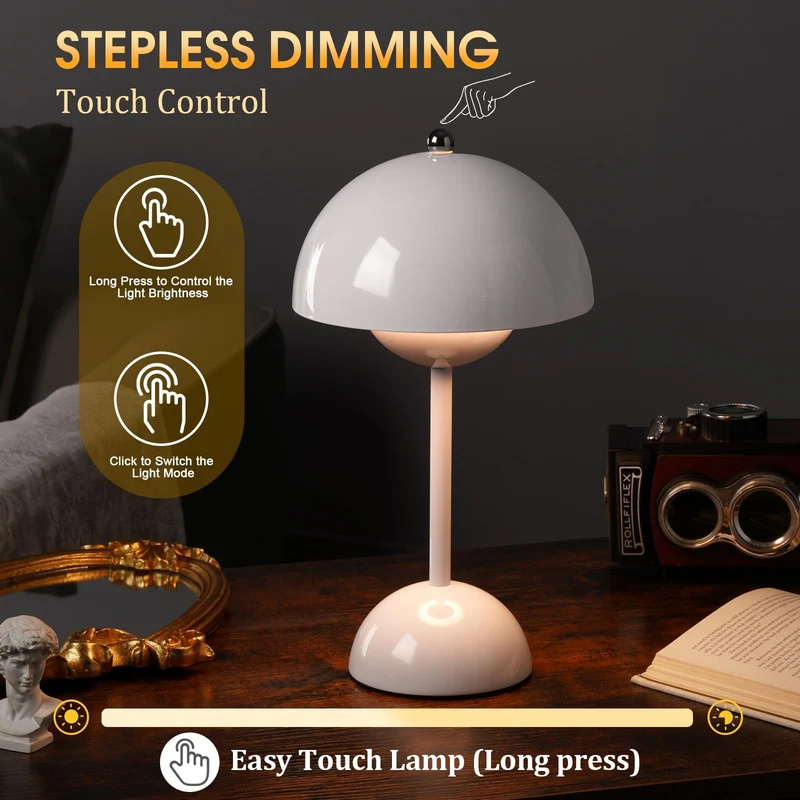 Flowerpot Lampe de table champignon – 3 couleurs en continu à intensité variable tactile, LED portable rechargeable, veilleuse de chevet et veilleuse intérieur/extérieur (blanc)