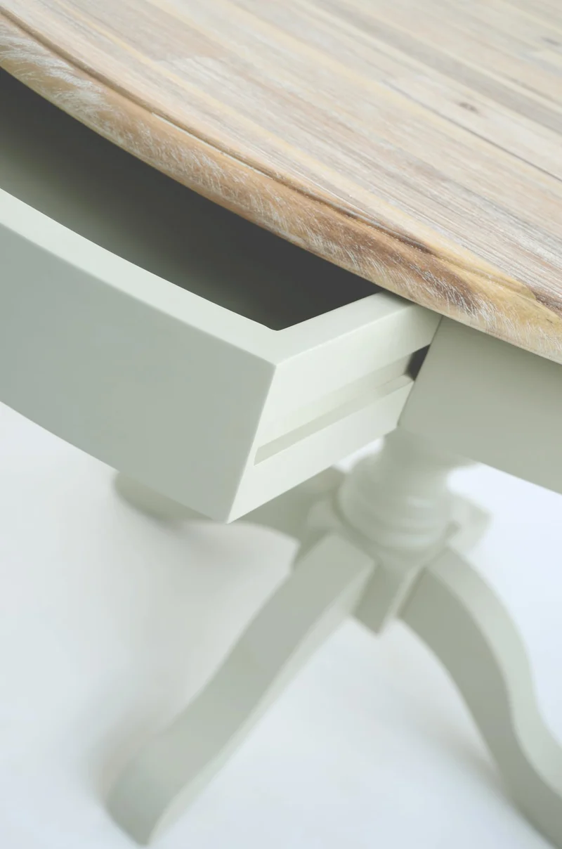Générique Table à Manger Ronde sur piédestal avec 2 tiroirs cachés 120 L x 120 P x 78 H cm Plateau en Bois Dur d'acacia délavé à la Chaux Table à Manger en Bois Bleu Marine 5 Couleurs