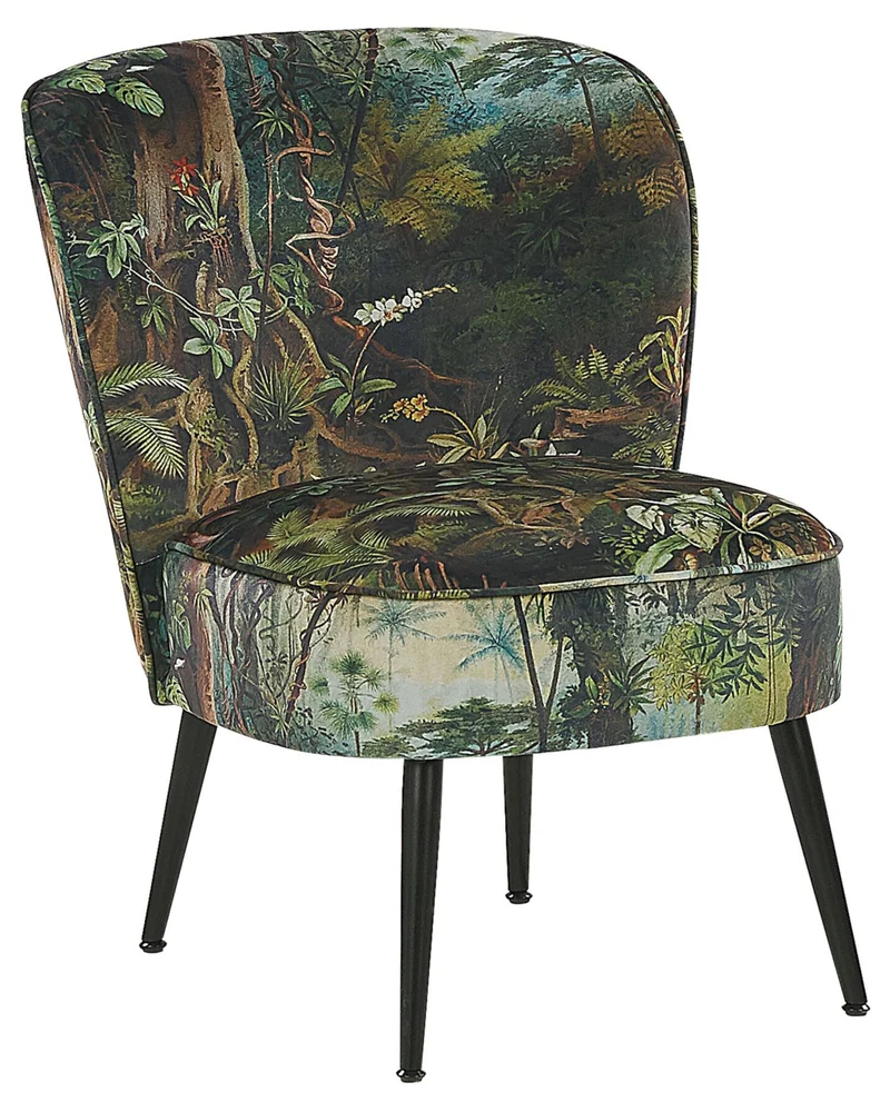 Beliani Fauteuil Bas sans Accoudoirs en Tissu Vert avec Imprimé Jungle Multicolore Rembourrage Épais et Confort Optimal pour Salon Rétro et Moderne