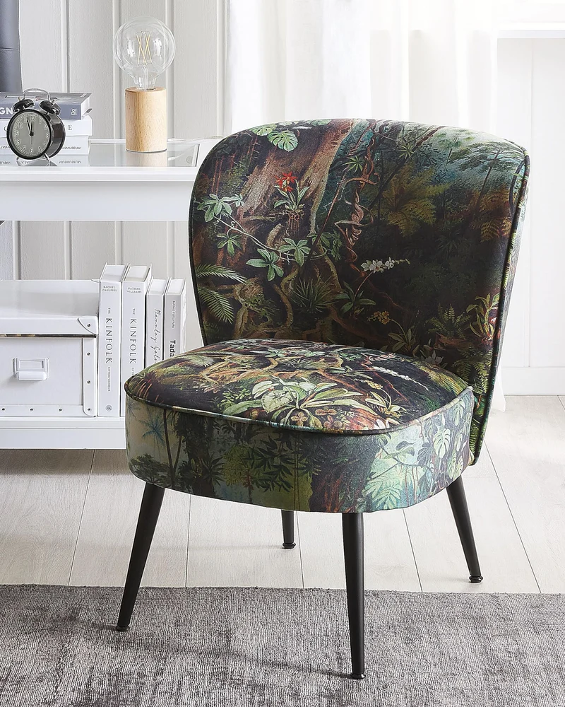 Beliani Fauteuil Bas sans Accoudoirs en Tissu Vert avec Imprimé Jungle Multicolore Rembourrage Épais et Confort Optimal pour Salon Rétro et Moderne