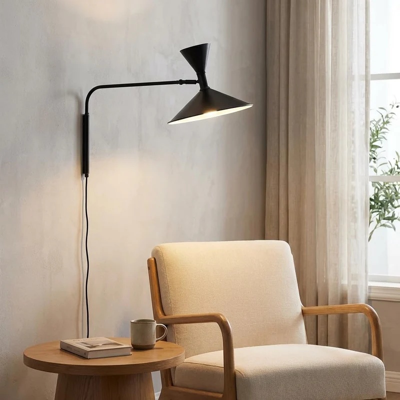 BARCELONA LED Applique Murale Industrielle Grand Modèle 40 cm, Lampe Murale à Bras Articulé, Style Vintage, Abat-jour Métal Noir Intérieur Blanc, Idéal Restaurant, Escalier et Chambre