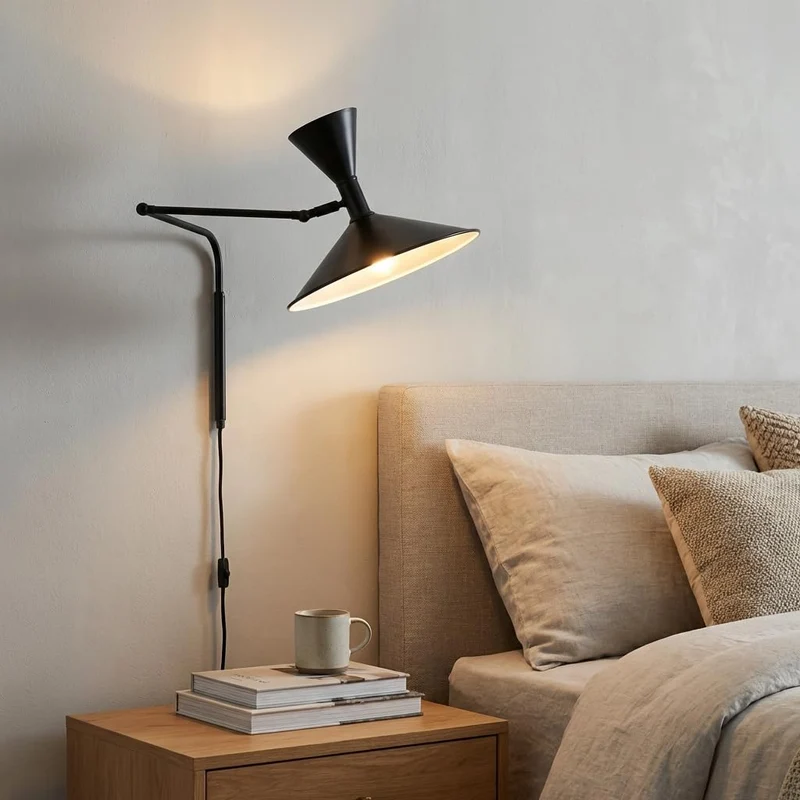 BARCELONA LED Applique Murale Industrielle Grand Modèle 40 cm, Lampe Murale à Bras Articulé, Style Vintage, Abat-jour Métal Noir Intérieur Blanc, Idéal Restaurant, Escalier et Chambre
