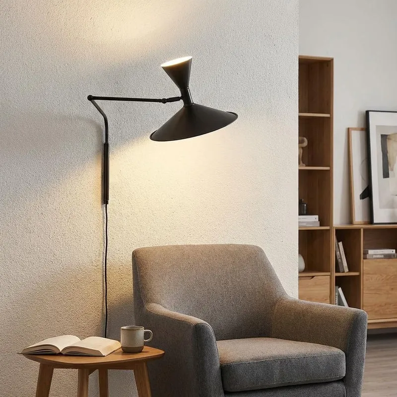 BARCELONA LED Applique Murale Industrielle Grand Modèle 40 cm, Lampe Murale à Bras Articulé, Style Vintage, Abat-jour Métal Noir Intérieur Blanc, Idéal Restaurant, Escalier et Chambre