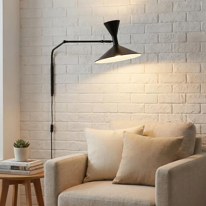 BARCELONA LED Applique Murale Industrielle Grand Modèle 40 cm, Lampe Murale à Bras Articulé, Style Vintage, Abat-jour Métal Noir Intérieur Blanc, Idéal Restaurant, Escalier et Chambre
