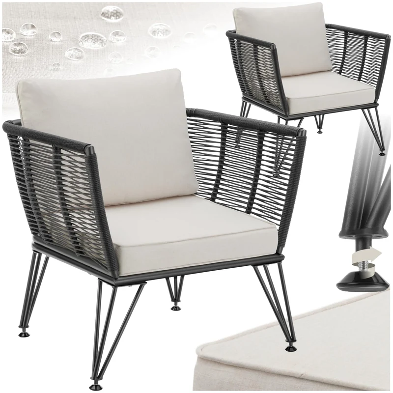 tectake® Lot de 2 Fauteuil Salon Fauteuil Exterieur Chaise de Jardin en Résine tréssée pour Salon de Jardin Exterieur, Coussins Inclus, Amenagement Balcon Terrasse