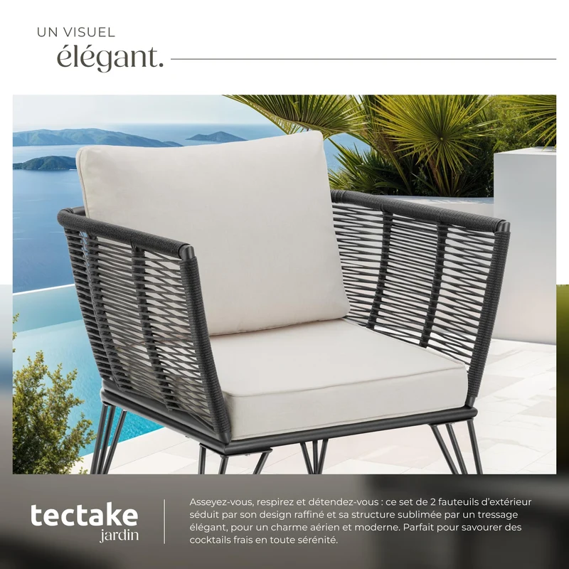 tectake® Lot de 2 Fauteuil Salon Fauteuil Exterieur Chaise de Jardin en Résine tréssée pour Salon de Jardin Exterieur, Coussins Inclus, Amenagement Balcon Terrasse
