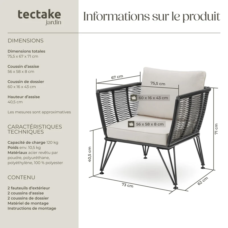tectake® Lot de 2 Fauteuil Salon Fauteuil Exterieur Chaise de Jardin en Résine tréssée pour Salon de Jardin Exterieur, Coussins Inclus, Amenagement Balcon Terrasse