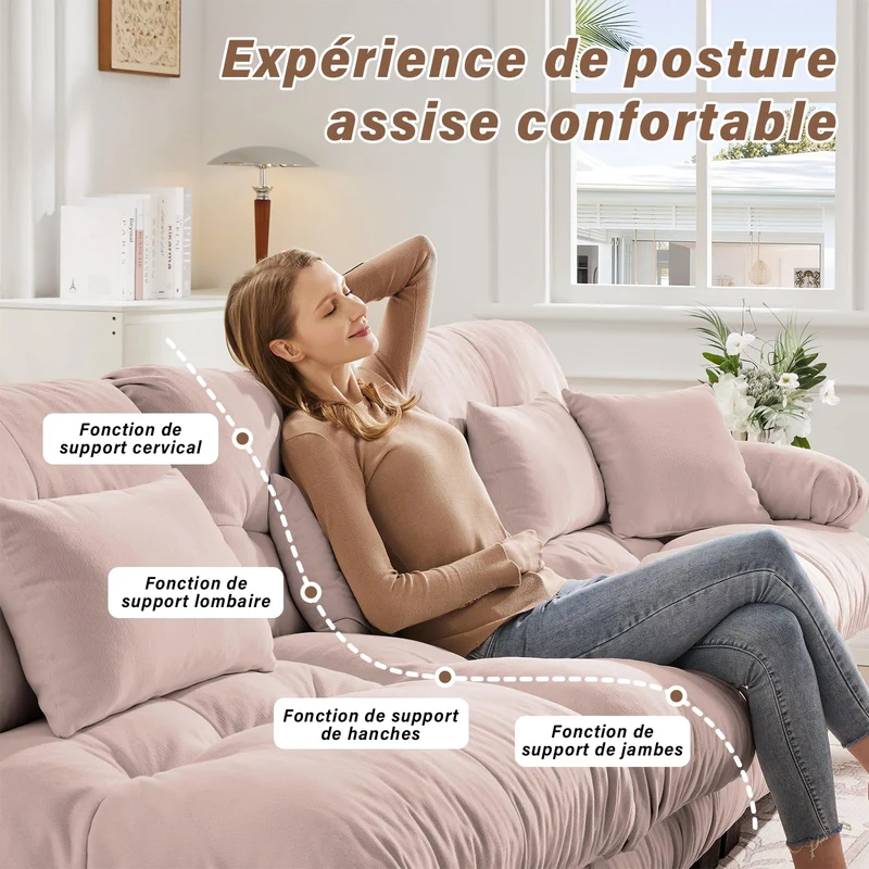 SoarFlash Canapé modulaire 3 Places Salon Moderne - Chenille, Bois Massif, reposes-Bras, Rose Clair, 77×313cm