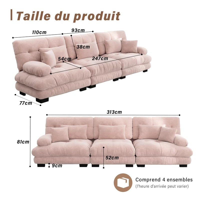 SoarFlash Canapé modulaire 3 Places Salon Moderne - Chenille, Bois Massif, reposes-Bras, Rose Clair, 77×313cm