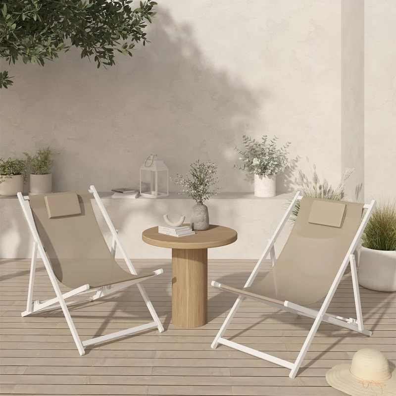 IDMarket - Lot de 2 chiliennes en métal Blanc Lota Toile textilène Beige