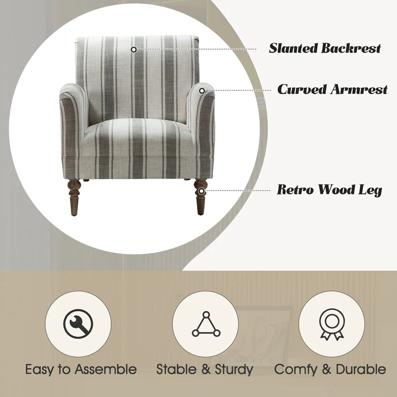 HULALA HOME Fauteuil, Fauteuil, Chaise rembourrée Confortable avec Pieds en Bois Massif, Chaise Longue pour Salon et Chambre à Coucher (Grey)