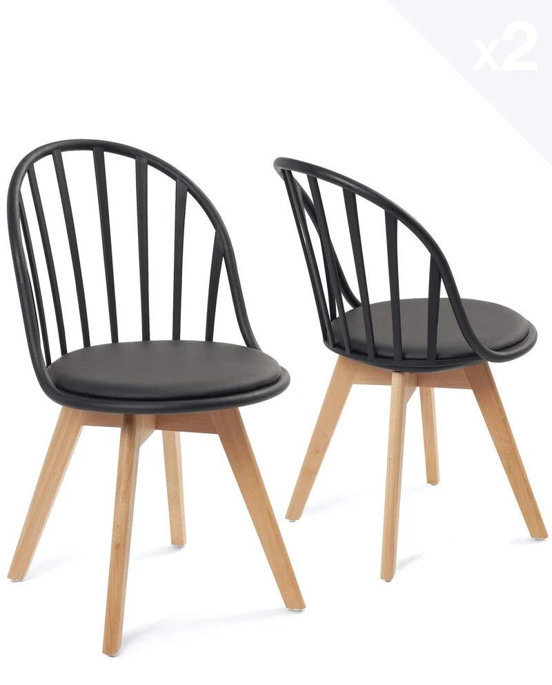 KAYELLES Lot de 2 chaises bistrot à barreaux Style scandinave pour Cuisine, Salle à Manger ou Chambre. Siège avec Coussin Simili Cuir rembourré, Pieds en Bois de hêtre Clair Bold (Noir)