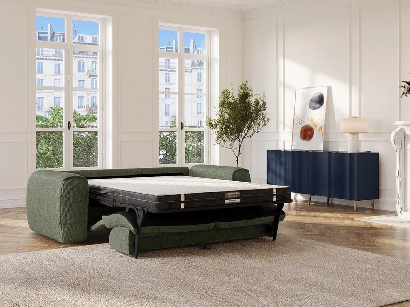 Vente-unique - Canapé 3 Places Convertible Express en Tissu texturé Vert Kaki - Matelas 16 cm mémoire de Forme POGNIA