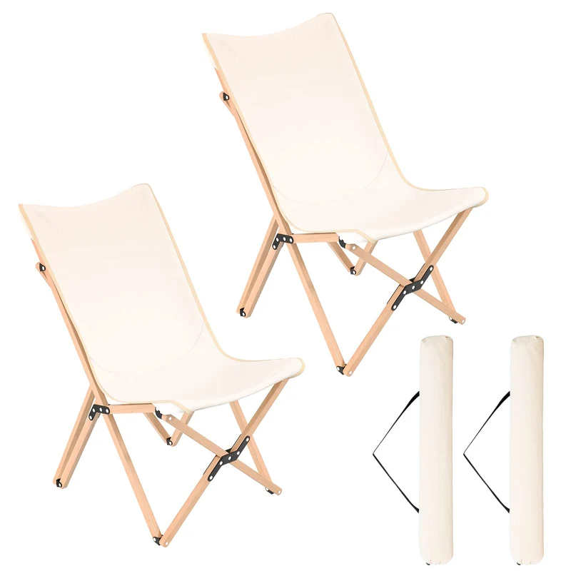 COSTWAY Chaise de Jardin Extérieur Lot de 2 Style Papillon, Chaise Pliante Camping Portable Bambou avec Sac, Chaise Extérieur Intérieur pour Pique-Nique Pêche Salon, Charge 150 KG (Beige)