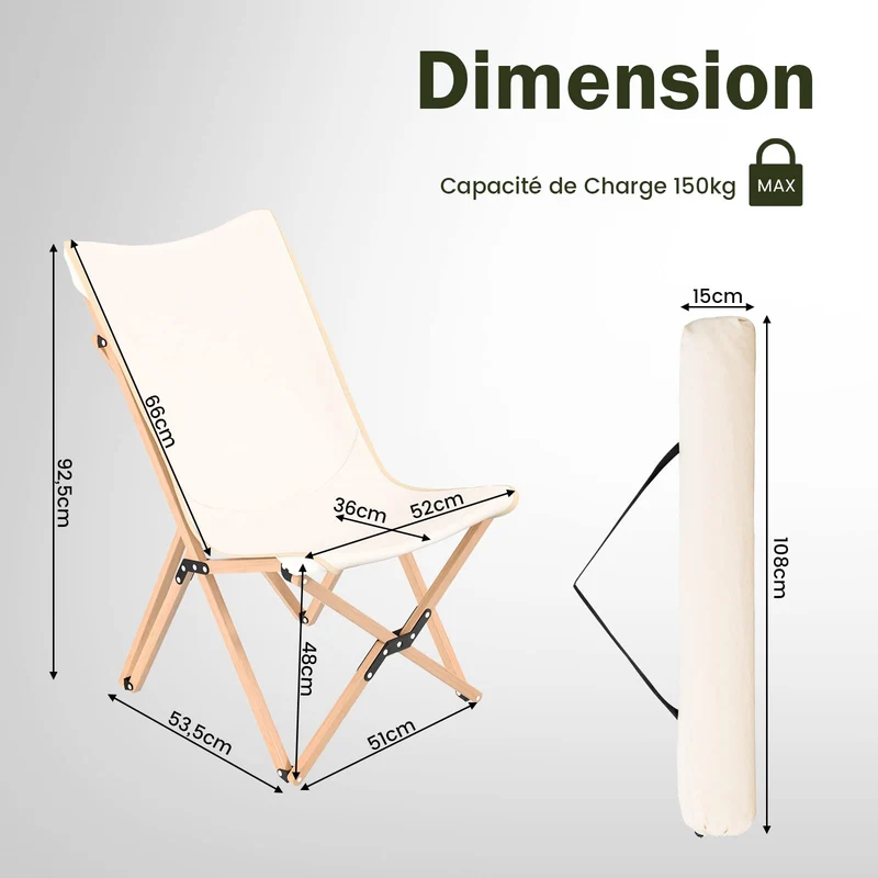 COSTWAY Chaise de Jardin Extérieur Lot de 2 Style Papillon, Chaise Pliante Camping Portable Bambou avec Sac, Chaise Extérieur Intérieur pour Pique-Nique Pêche Salon, Charge 150 KG (Beige)