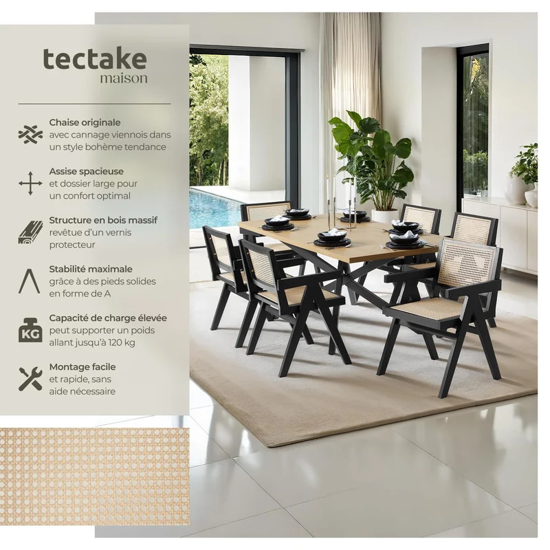 tectake® Chaise de Salle à Manger Design Noir en Bois Massif & Cannage Chaise de Table à Manger avec Accoudoirs Confortable pour Coiffeuse, Chambre, Cuisine, Bureau, Cabinet, Dressing