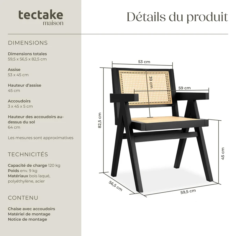 tectake® Chaise de Salle à Manger Design Noir en Bois Massif & Cannage Chaise de Table à Manger avec Accoudoirs Confortable pour Coiffeuse, Chambre, Cuisine, Bureau, Cabinet, Dressing