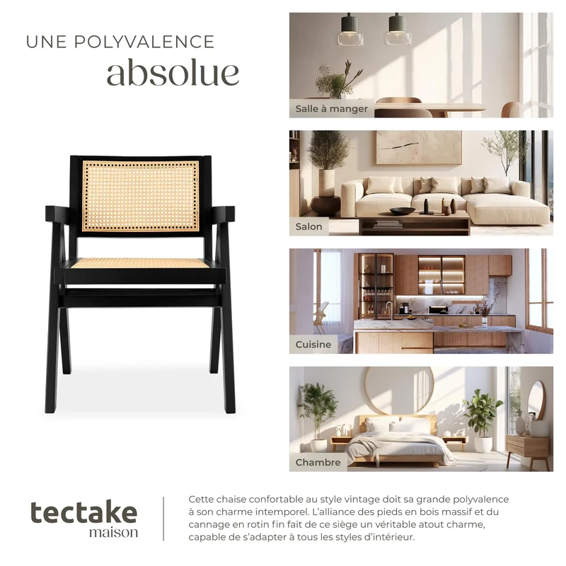 tectake® Chaise de Salle à Manger Design Noir en Bois Massif & Cannage Chaise de Table à Manger avec Accoudoirs Confortable pour Coiffeuse, Chambre, Cuisine, Bureau, Cabinet, Dressing