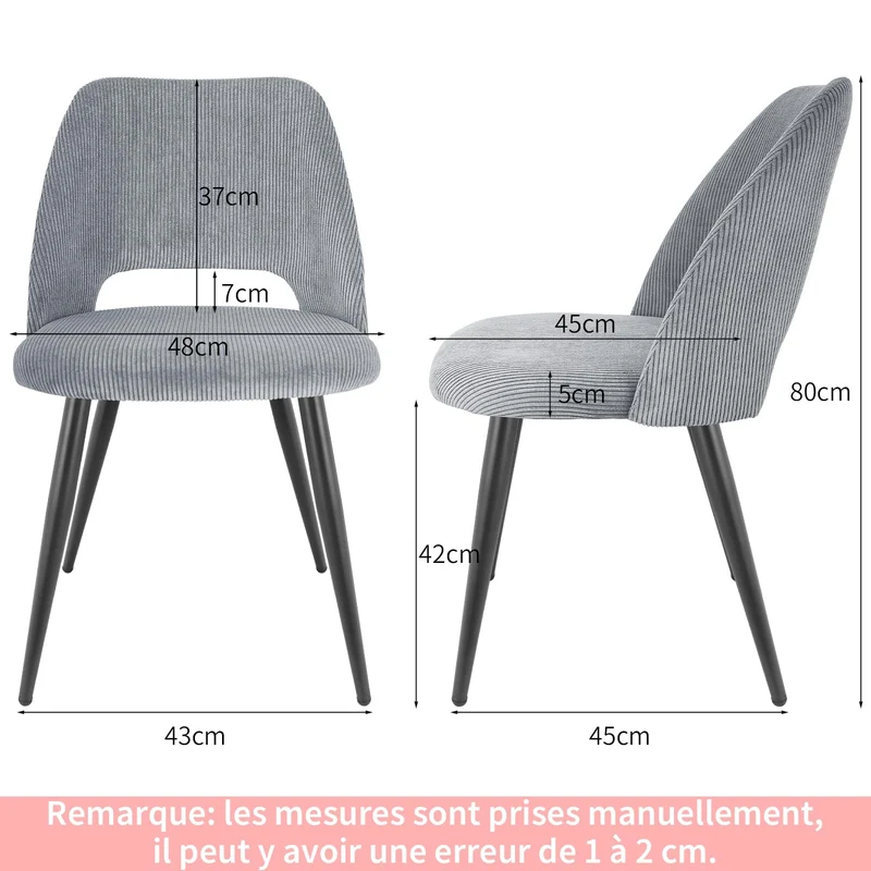 WAFTING Lot de 2 Chaises de Salle à Manger, Chaise avec Velours Côtelé en Éponge Épaisse, Chaise de Cuisine avec Pieds Métalliques Séparés, pour Salle à Manger, Cuisine et Réception, Gris