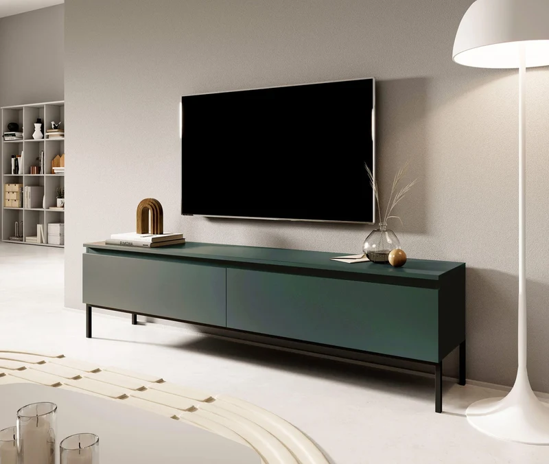 Selsey Meuble TV Armoire De Télévision 2 Portes 150 cm sur Pieds Noir Salle De Séjour Chambre À Coucher Vert Foncé Bemmi