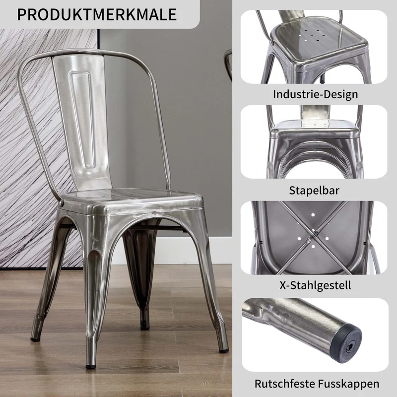 DUHOME Chaise de Salle à Manger Lot de 4 Chaise de Cuisine Empilable Tabouret en Métal Siège avec Dossier pour Bar Café Salon Restaurant, Métallique