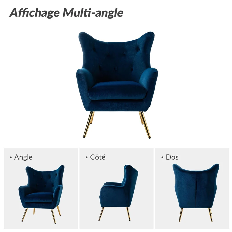 HULALA HOME Fauteuil de lecture confortable, à oreilles, rembourré, avec pieds en métal doré, confortable, en velours, pour salon, chambre à coucher, bleu