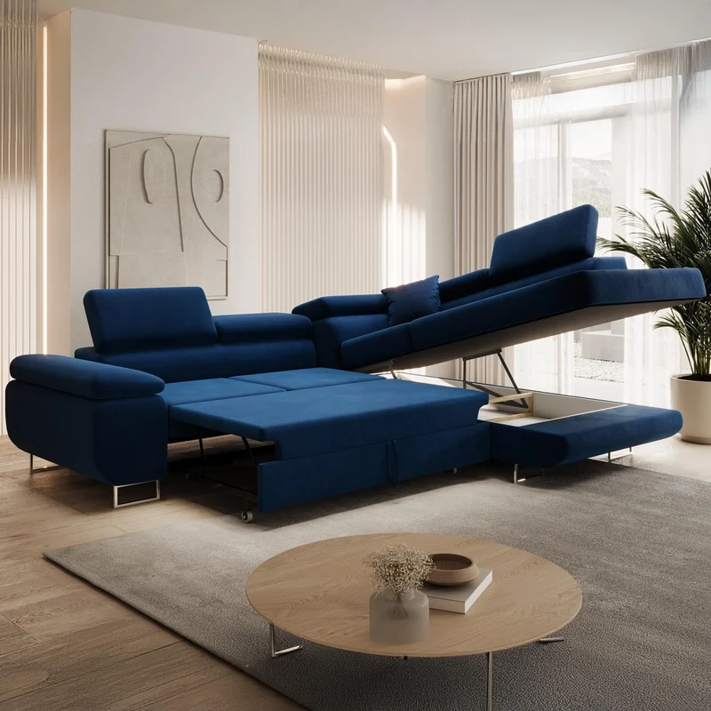 INTENSE DECO Canapé d'angle Droit Convertible Marius Velours Bleu