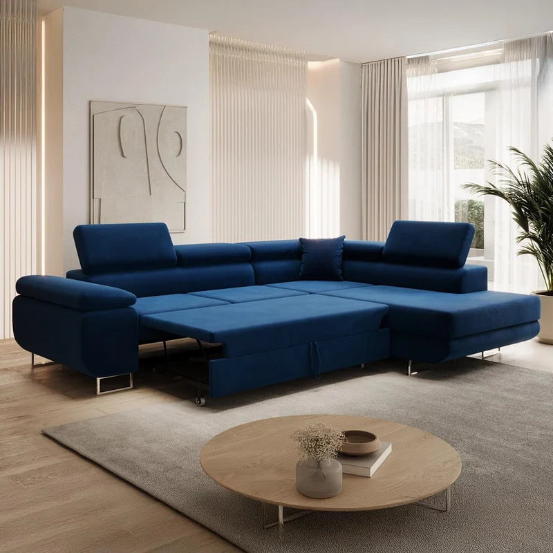 INTENSE DECO Canapé d'angle Droit Convertible Marius Velours Bleu