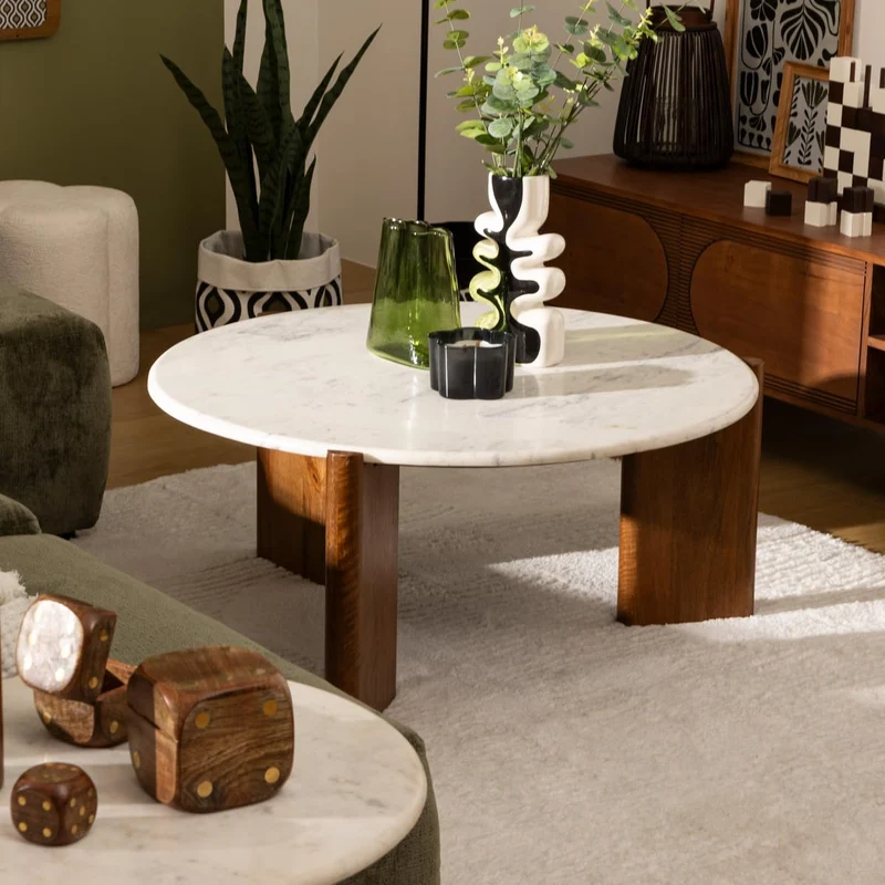 Atmosphera Créateur d'Intérieur - Table Basse Marbre et Manguier Nanda Blanc - Plateau Rond Finition Polissage - Robuste - Salon, Chambre, Bureau