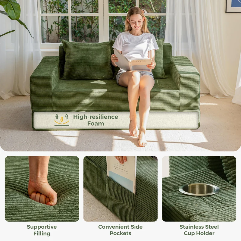 MAXYOYO Canapé-Lit Pliant, Méridienne en Velours Côtelé, Sofa Convertible avec Porte-Gobelet et Coussin, Canapé-Lit de Compression pour Salon, Chambre ou Chambre d'amis