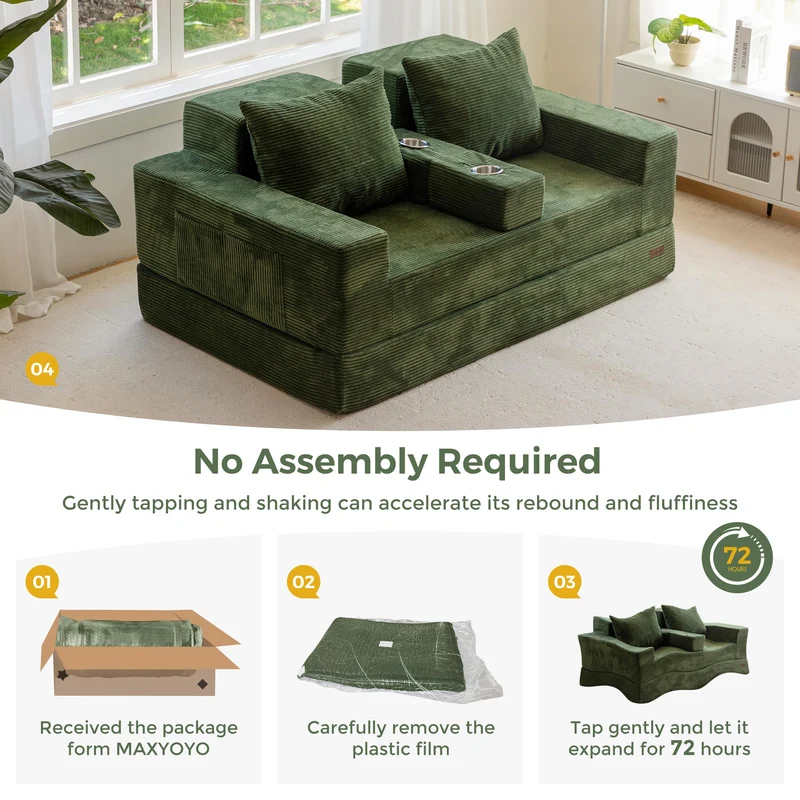 MAXYOYO Canapé-Lit Pliant, Méridienne en Velours Côtelé, Sofa Convertible avec Porte-Gobelet et Coussin, Canapé-Lit de Compression pour Salon, Chambre ou Chambre d'amis