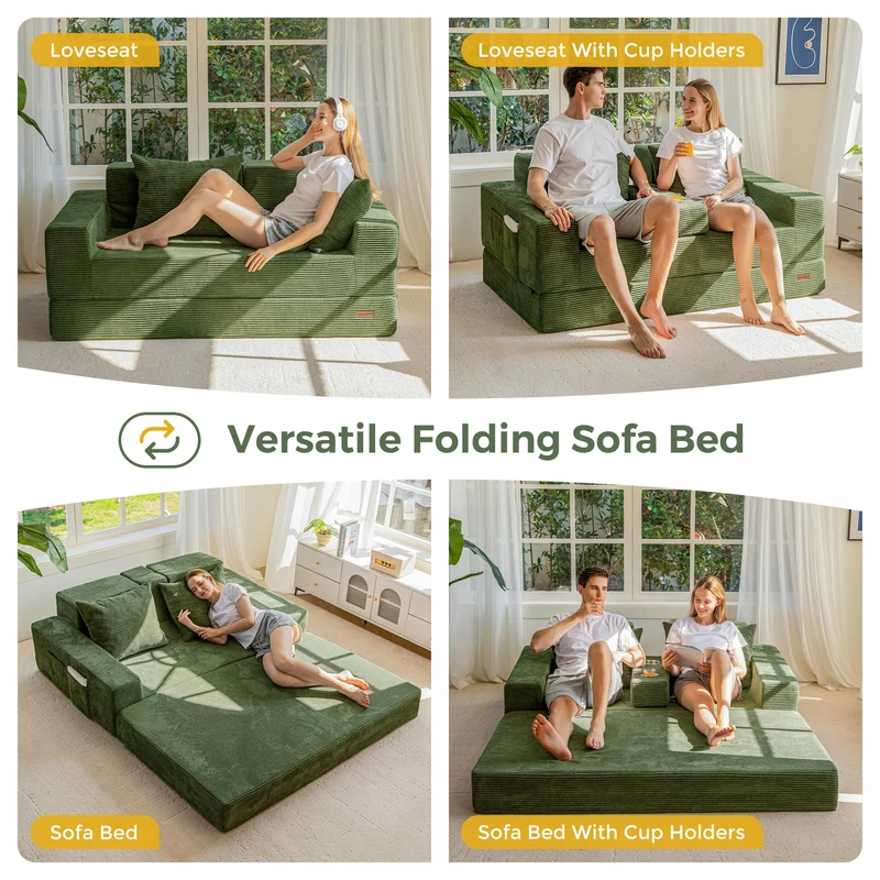 MAXYOYO Canapé-Lit Pliant, Méridienne en Velours Côtelé, Sofa Convertible avec Porte-Gobelet et Coussin, Canapé-Lit de Compression pour Salon, Chambre ou Chambre d'amis