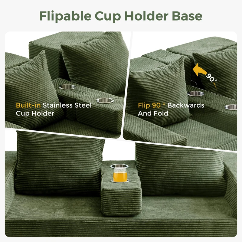 MAXYOYO Canapé-Lit Pliant, Méridienne en Velours Côtelé, Sofa Convertible avec Porte-Gobelet et Coussin, Canapé-Lit de Compression pour Salon, Chambre ou Chambre d'amis