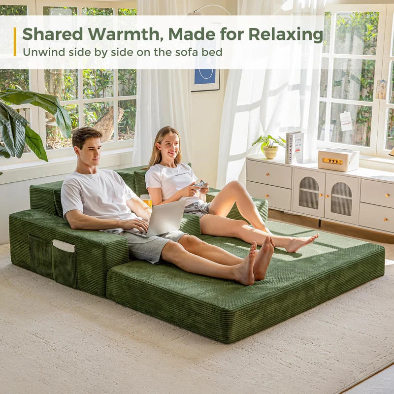 MAXYOYO Canapé-Lit Pliant, Méridienne en Velours Côtelé, Sofa Convertible avec Porte-Gobelet et Coussin, Canapé-Lit de Compression pour Salon, Chambre ou Chambre d'amis
