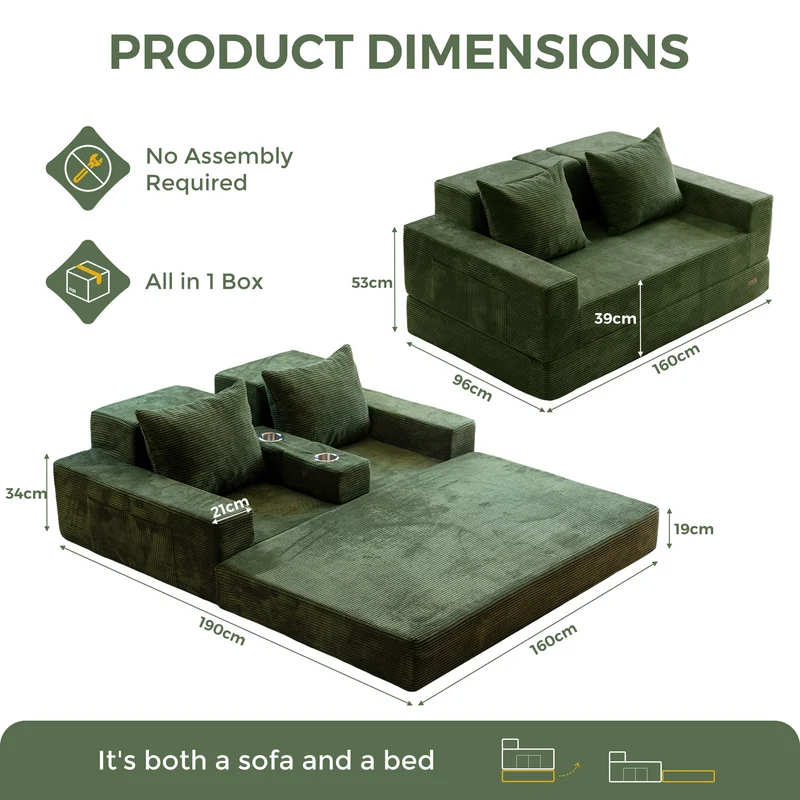 MAXYOYO Canapé-Lit Pliant, Méridienne en Velours Côtelé, Sofa Convertible avec Porte-Gobelet et Coussin, Canapé-Lit de Compression pour Salon, Chambre ou Chambre d'amis