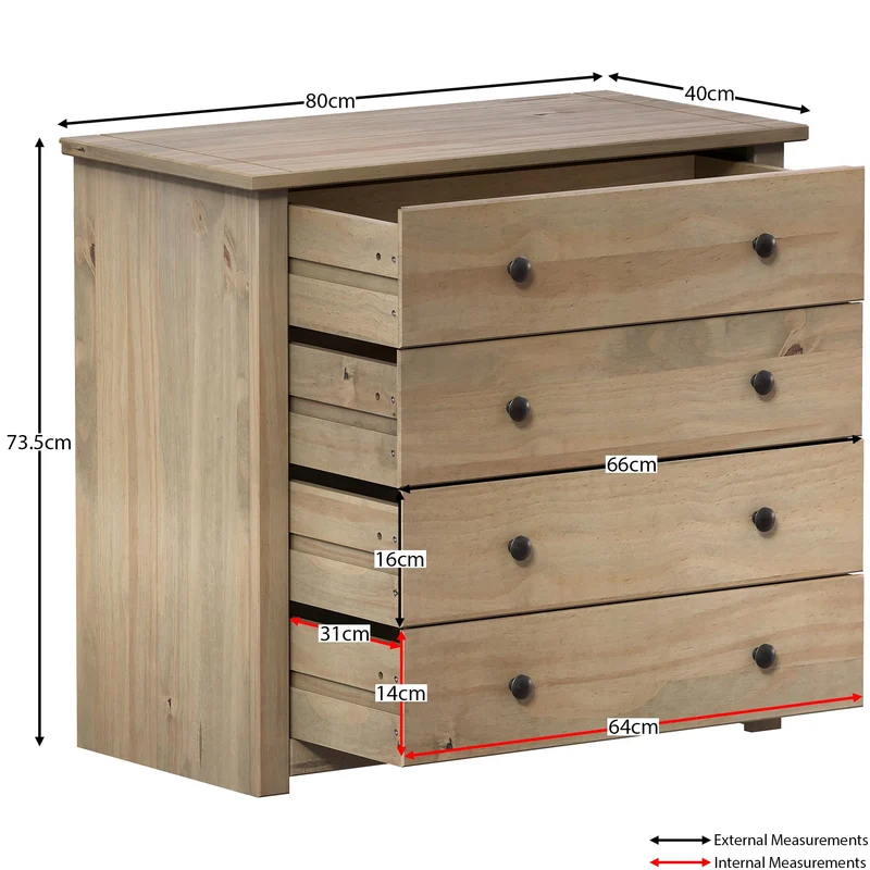 Vida Designs Panama Commode de Chambre en pin ciré Massif à 4 tiroirs, Bois, Naturel