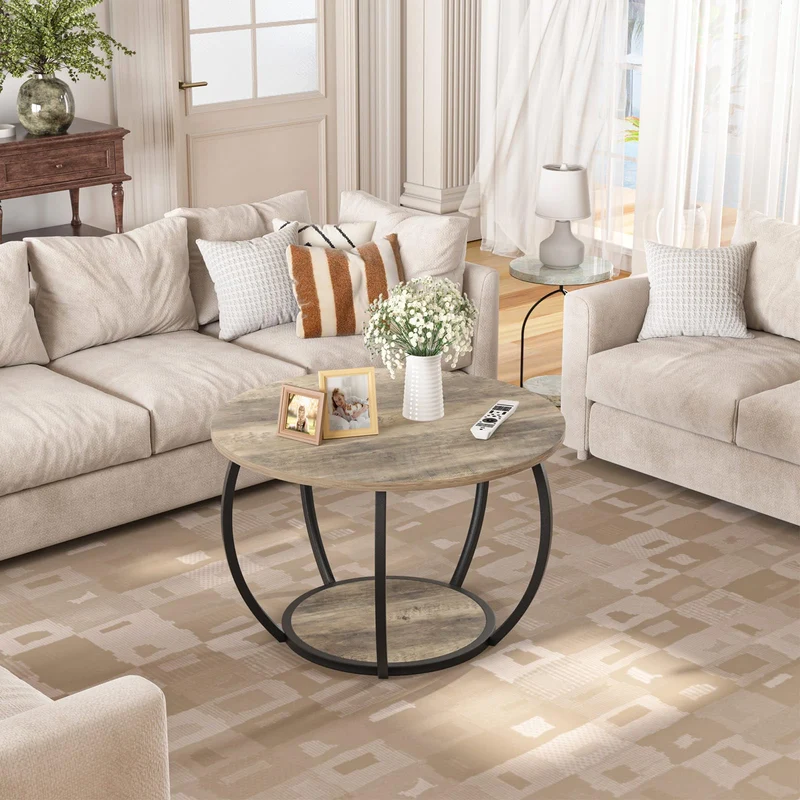 GreenForest Table basse ronde avec rangement ouvert, table de salon moderne avec étagères à 2 niveaux, petite table centrale de ferme avec pieds réglables, table d'appoint de 70,1 cm pour bureau à