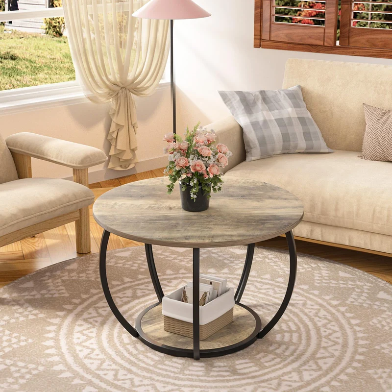 GreenForest Table basse ronde avec rangement ouvert, table de salon moderne avec étagères à 2 niveaux, petite table centrale de ferme avec pieds réglables, table d'appoint de 70,1 cm pour bureau à