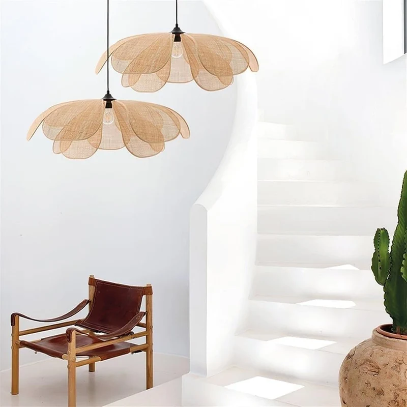 Pétales de fleurs Suspension Ferme Antique Rotin Tissé Lustre Rustique Rétro Plafond Lampe Suspendue Compatible avec Chambre Restaurant Salon Luminaire,match parfait