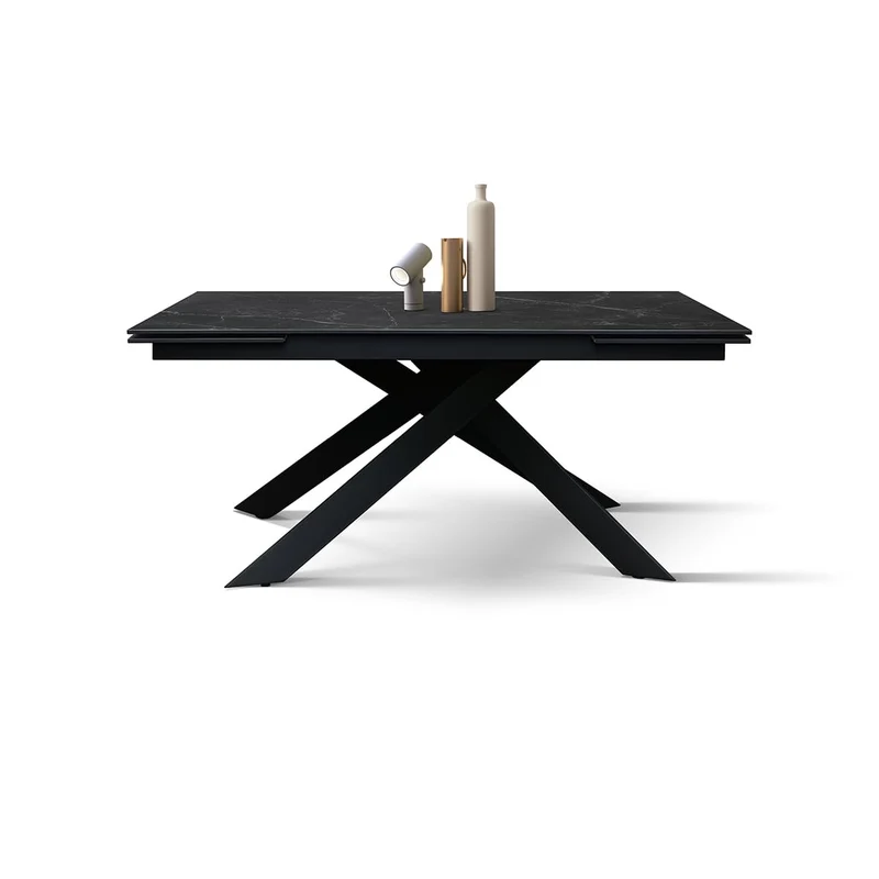 PAZZO DESIGN Table extensible Eugenio, plateau en céramique Calacatta noir Lux, pieds en métal croisés noirs, table de cuisine, table en céramique, 160 x 90 x h76 cm - id_2287