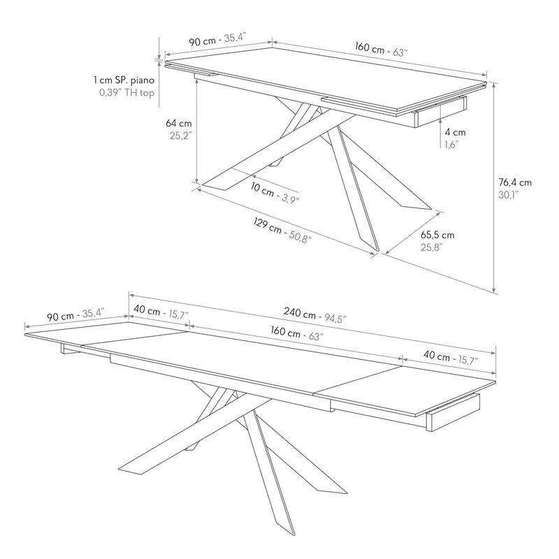 PAZZO DESIGN Table extensible Eugenio, plateau en céramique Calacatta noir Lux, pieds en métal croisés noirs, table de cuisine, table en céramique, 160 x 90 x h76 cm - id_2287