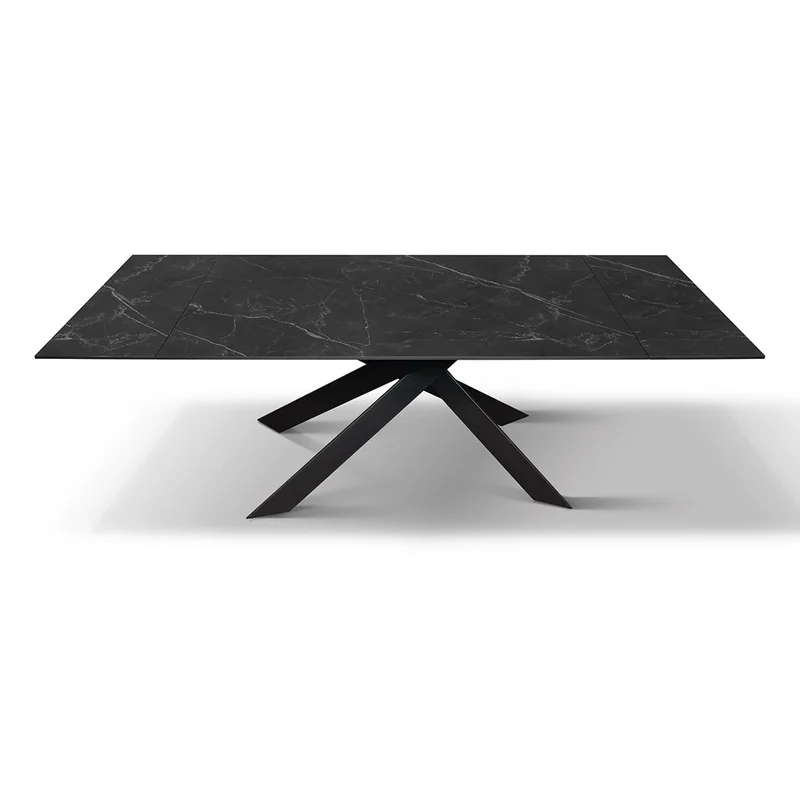 PAZZO DESIGN Table extensible Eugenio, plateau en céramique Calacatta noir Lux, pieds en métal croisés noirs, table de cuisine, table en céramique, 160 x 90 x h76 cm - id_2287