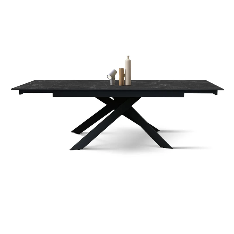 PAZZO DESIGN Table extensible Eugenio, plateau en céramique Calacatta noir Lux, pieds en métal croisés noirs, table de cuisine, table en céramique, 160 x 90 x h76 cm - id_2287